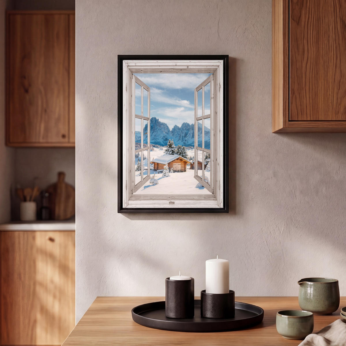 LEINWAND Bilder mit Rahmen - Winterlandschaft - Hütte - Berge - Ausblicke - Aussicht - Natur - 20x30 - Weiß Hochglanz, Textil (20/30cm) - MuchoWow