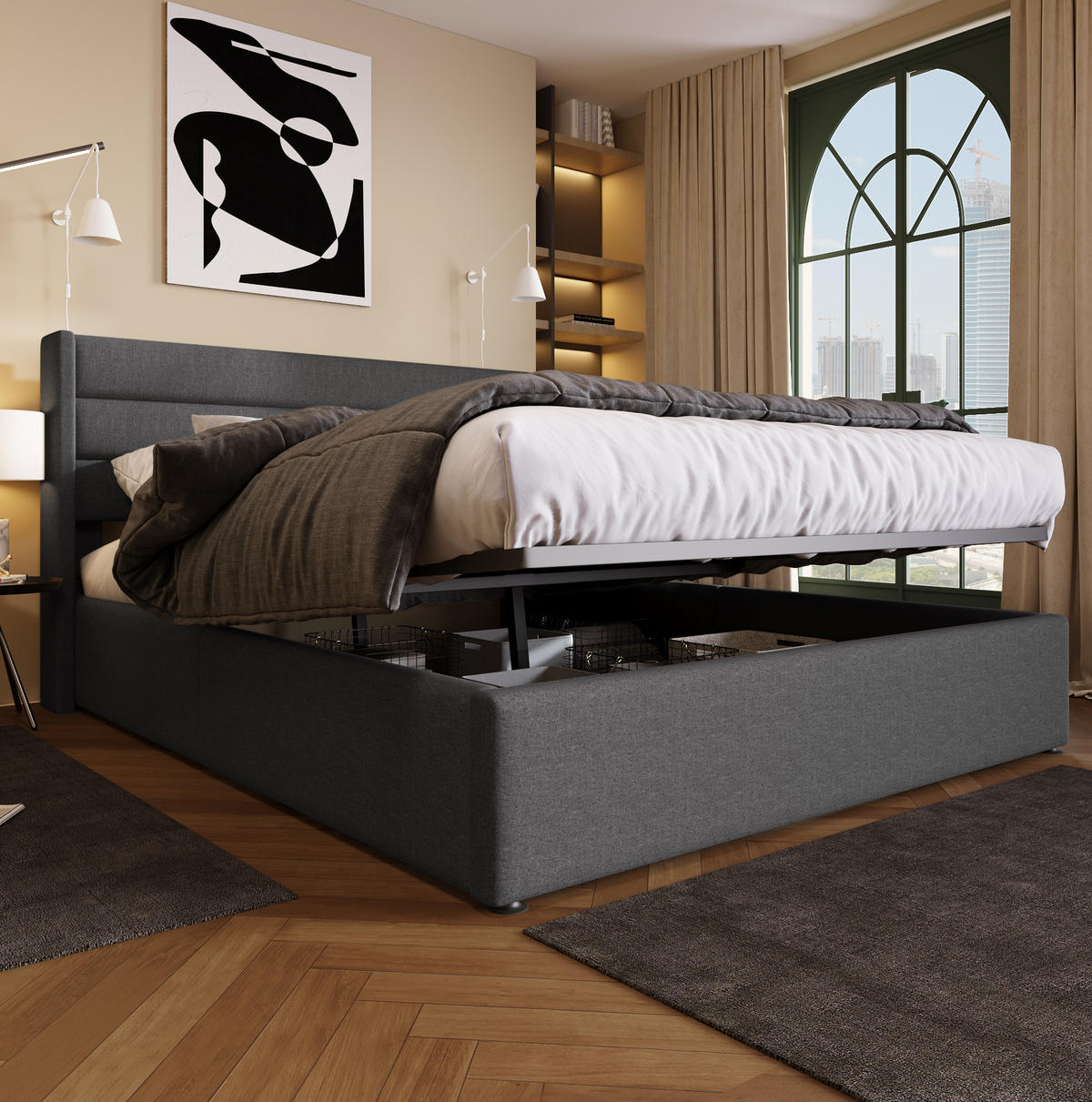 TAPECIRANI krevet 140/200 cm sivi od lana s hidrauličnim spremištem - siva, tekstil (140/200cm) - OKWISH