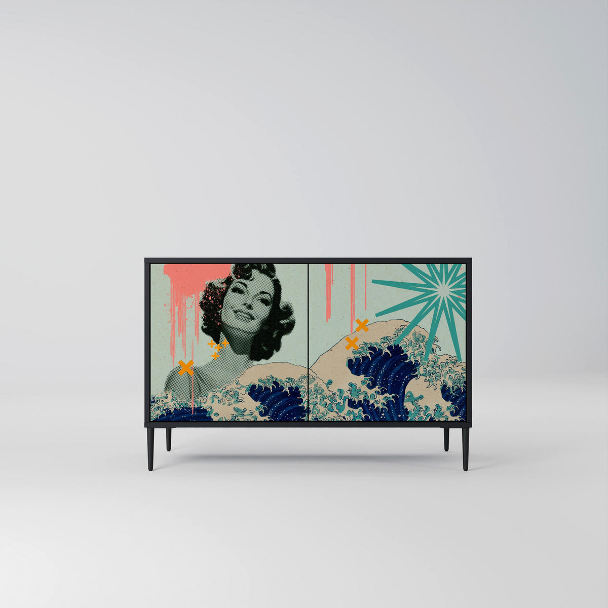 SIDEBOARD KANAGAWA BEAUTY, Graue Oberfläche, 111x42x57,5 cm, 2 Türen - Grau, Holzwerkstoff (111/57.5/42cm) - SpaceRebels