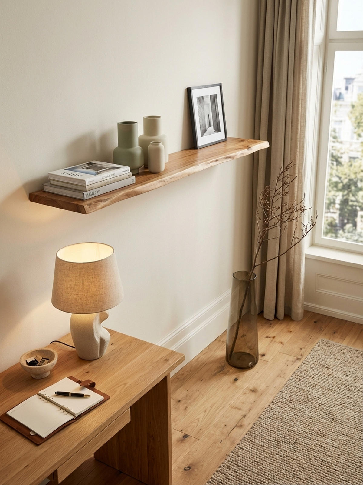 WANDREGAL Akazienholz Baumkante Rustikal, Beige 120x26x4 cm - Beige, Holz (120/4/26cm) - KADIMA DESIGN