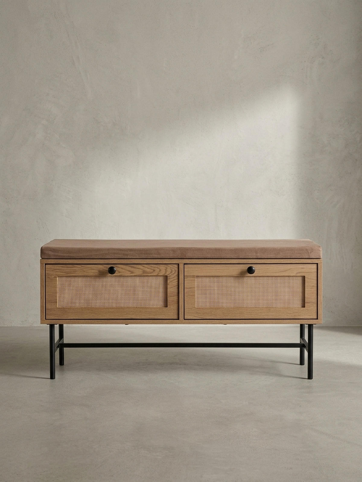 SCHUHBANK – 100x48x38 cm, Eiche-Dekor, Sitzfläche Stoff, mit Schubladen - Beige/Schwarz, Textil/Metall (100/48/38cm) - KADIMA DESIGN