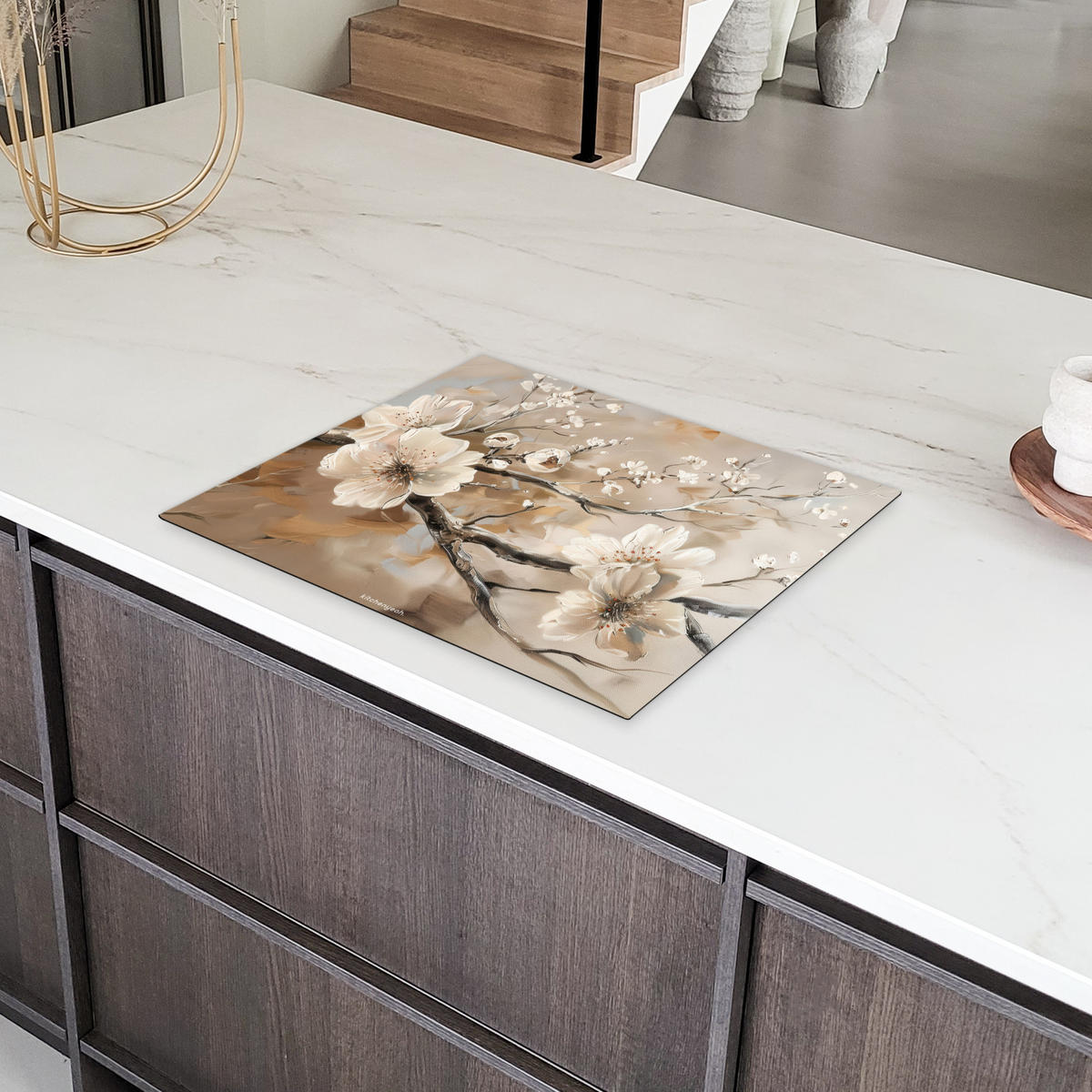 HERDABDECKPLATTE Blumen - Abstrakt - Gemalt - Beige 65x52 cm - Beige, Kunststoff (65/52/0.2cm) - MuchoWow