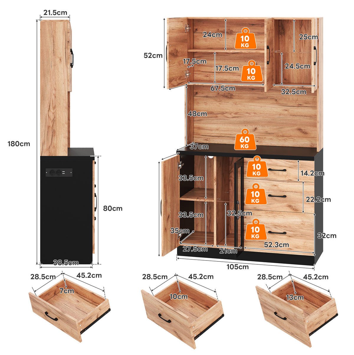 KÜCHENHOCHSCHRANK mit LED und Steckdose 105 x 40 x 180 cm MDF Neutral - Braun, Holzwerkstoff (40/180/105cm) - Meubliv