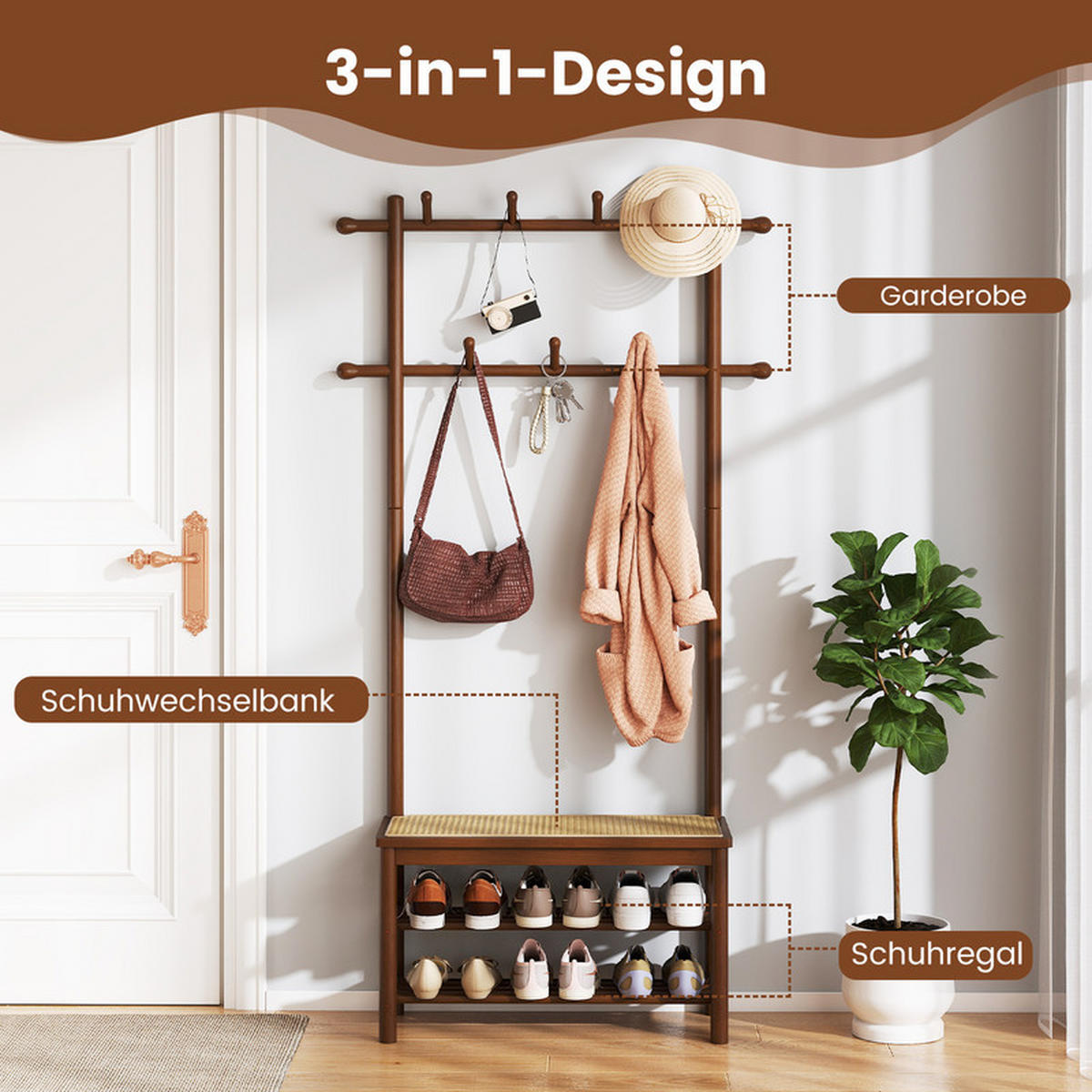 GARDEROBENSTÄNDER mit Schuhbank braun - Braun, Naturmaterialien (71/169.5/30cm) - COSTWAY