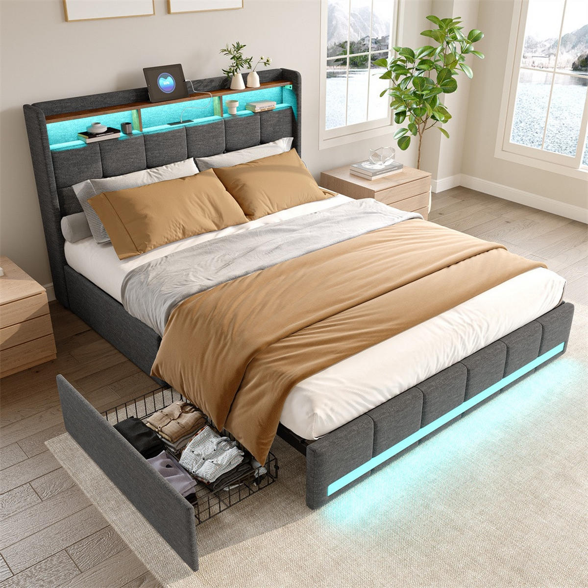 POLSTERBETT 140x200cm - Doppelbett mit 4 Schubladen - RGB-LED-Beleuchtung Ladestation - ohne Matratze - Grau - Grau, Textil (140/200cm) - DELFA