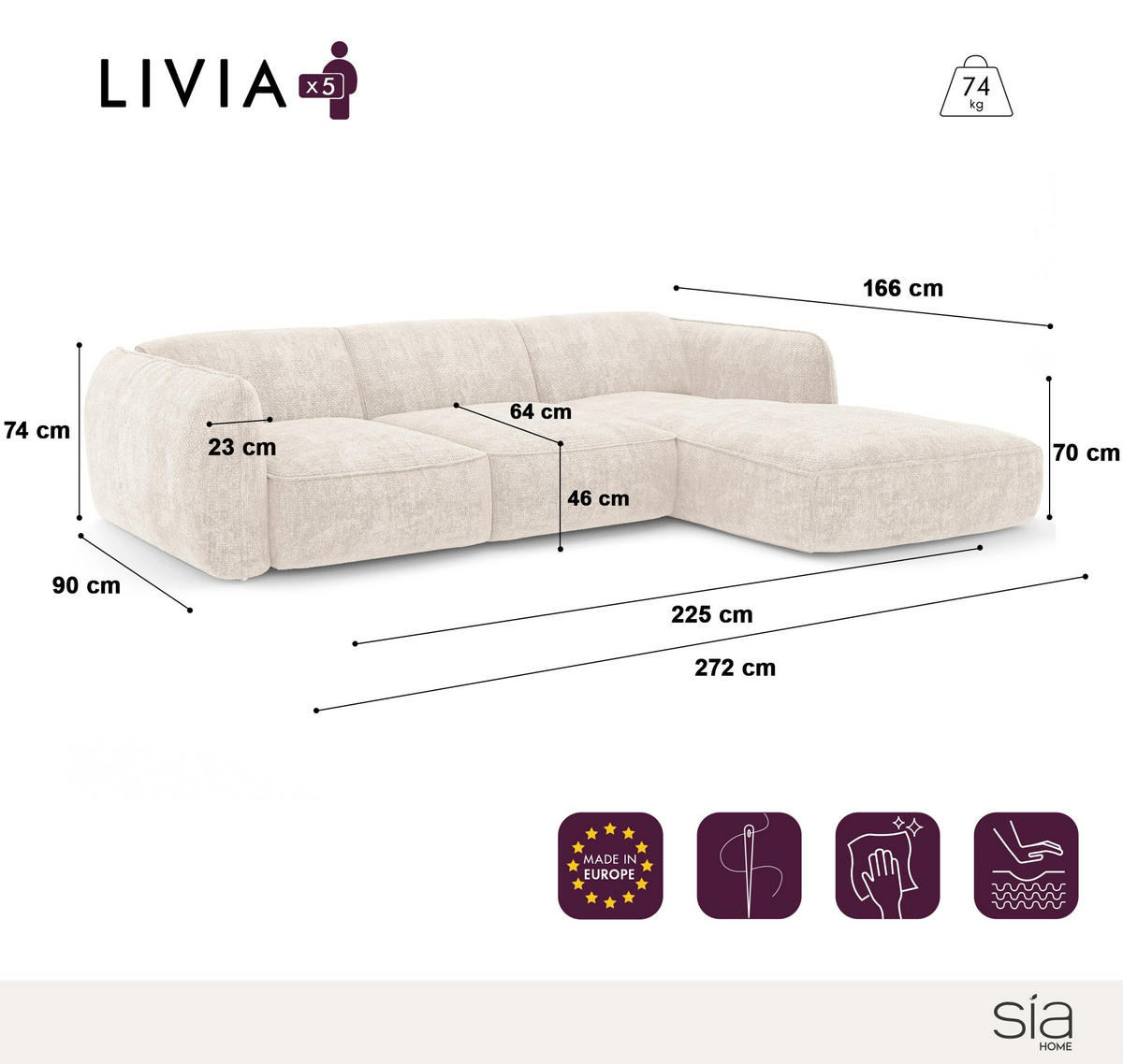 ECKSOFA RECHTS Bouclé-Stoff Olivgrün 272cm - Olivgrün, Textil (272/165cm) - Sia Home