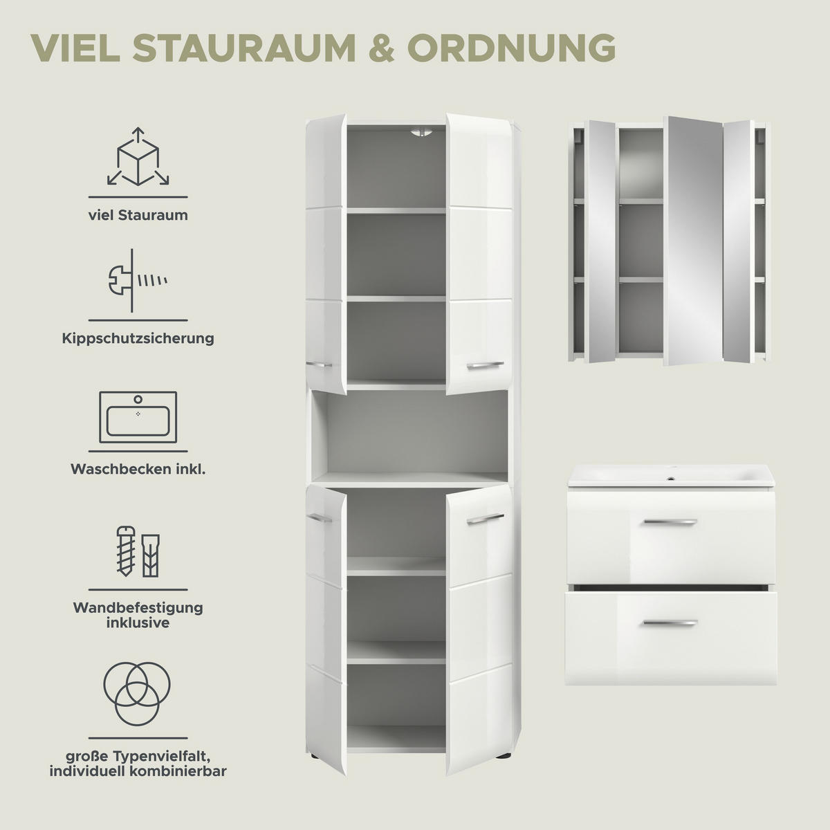 BADKOMBINATION Ice 135x185x46 cm weiß Hochglanz MDF 3tlg. - Weiß, Holz (135/185/46cm)