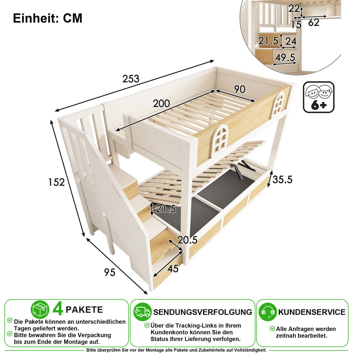 ETAGENBETT 90/200 cm & 90/200 cm in Weiß & Natur mit Treppenschrank und Stauraum - Weiß/Naturfarben, Holz/Holzwerkstoff (90/200cm) - CHICFURN