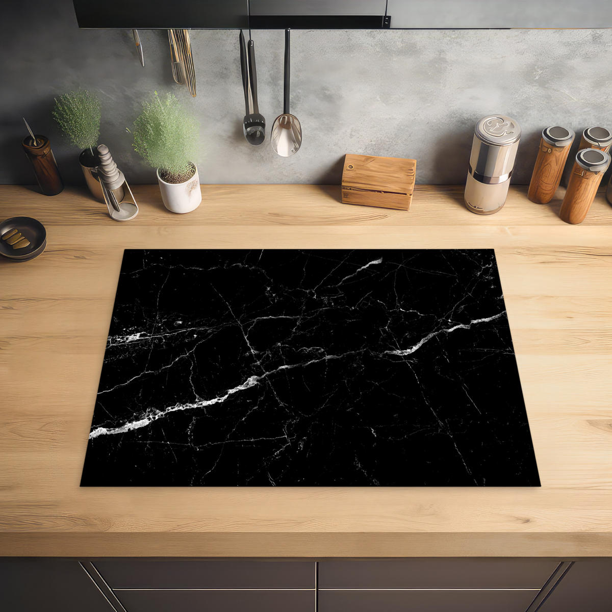 HERABDECKPLATTE - Marmoroptik - Schwarz - Luxus - 65x50 - Grau, Kunststoff (65/50/0.2cm) - MuchoWow