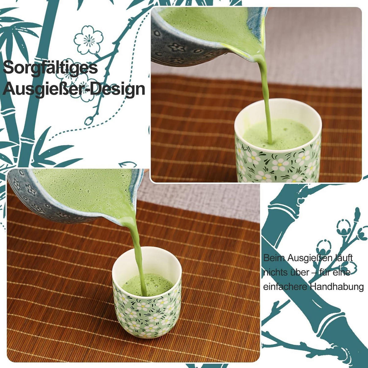 MATCHA Set 7-teiliges traditionelles Tee-Set mit Bambusbesen und Schale - Dunkelblau, Keramik (15/10/15cm)