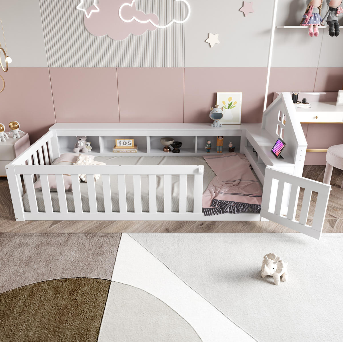 KINDEREINZELBETTEN aus Massivholz 90x200 cm in Weiß mit Stauraum & Rausfallschutz - Weiß, Holz (90/200cm) - Modfu