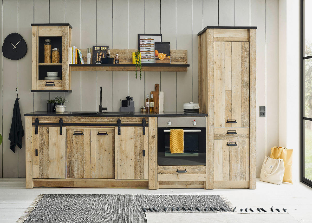 KÜCHENZEILE in Used Wood, anthrazit 284 cm, Küchenschrank-Set 5-teilig mit Soft-Close - Anthrazit/Schwarz, Glas/Holzwerkstoff (284/201/64cm) - Furn.Design