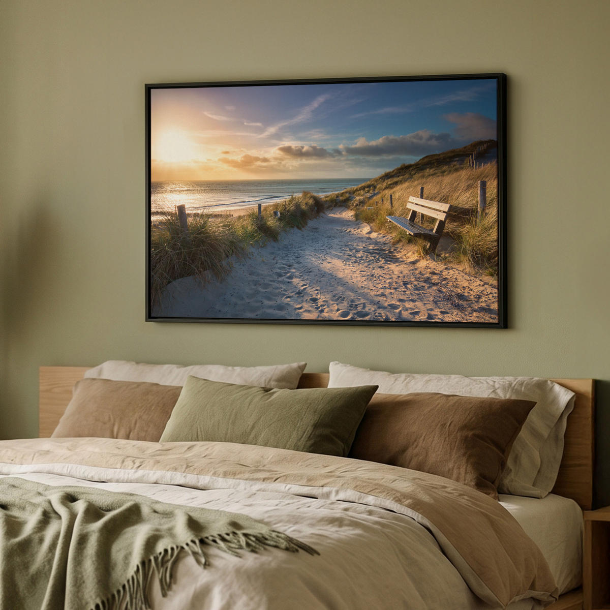 LEINWAND Bilder mit Rahmen - Sonnenuntergang - Strand - Düne - Gras - Ufer - 90x60 - Sandfarben, Textil (90/60cm) - MuchoWow