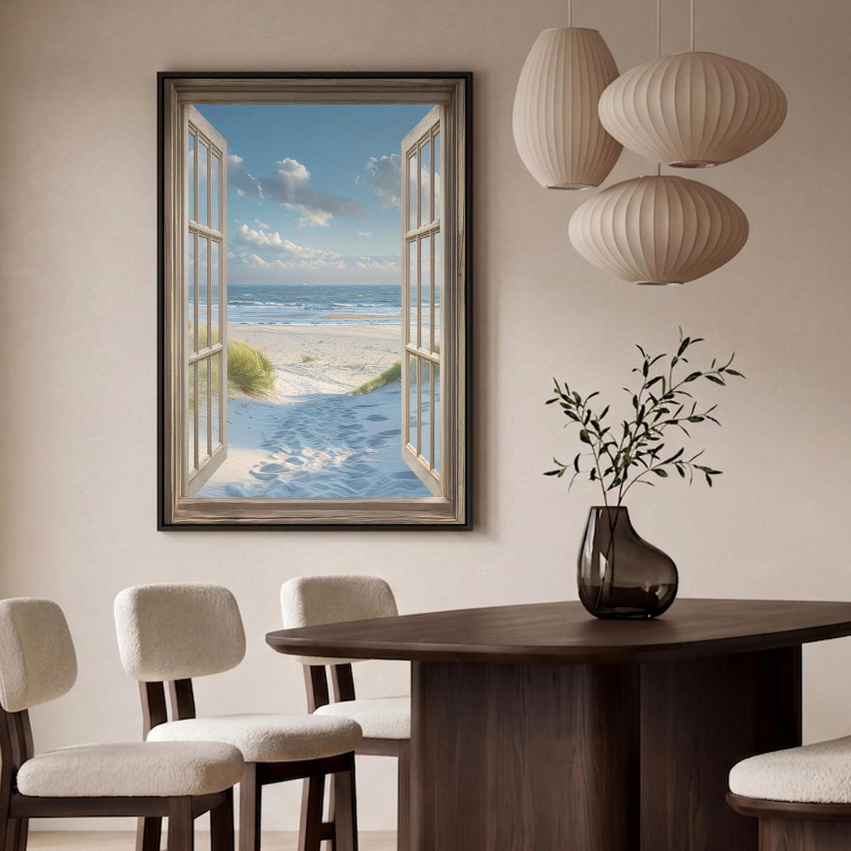 LEINWAND Bilder mit Rahmen - Aussicht - Strand - Fenster - Dünen - Meer - 100x150 - Hellblau, Textil (100/150cm) - MuchoWow