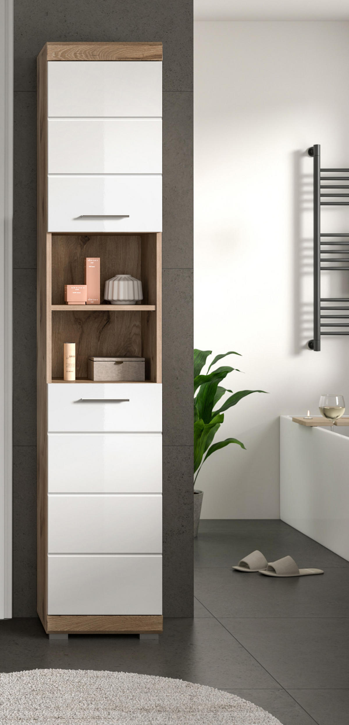 HOCHSCHRANK weiß Hochglanz, Eiche 37 x 191 cm, Badschrank mit 6 Fächern - Chromfarben/Weiß Hochglanz, Holzwerkstoff/Kunststoff (37/191/31cm) - Inn.Furn