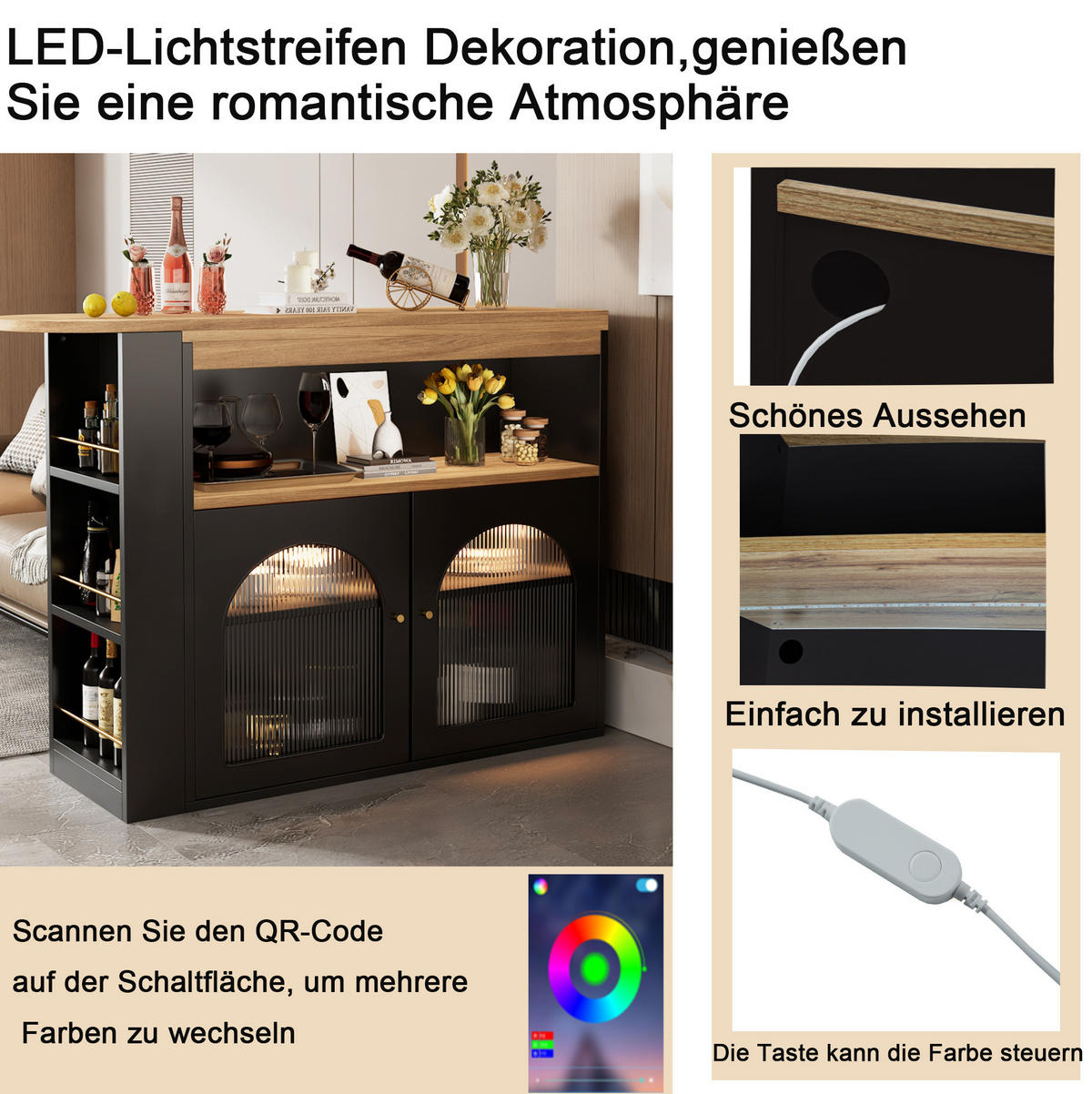 BARSKA miza 138-193/39/105 cm z LED osvetlitvijo, 360° vrtljiva in s shranjevanjem, Črna - črna, leseni material (39/105/138cm) - Redom
