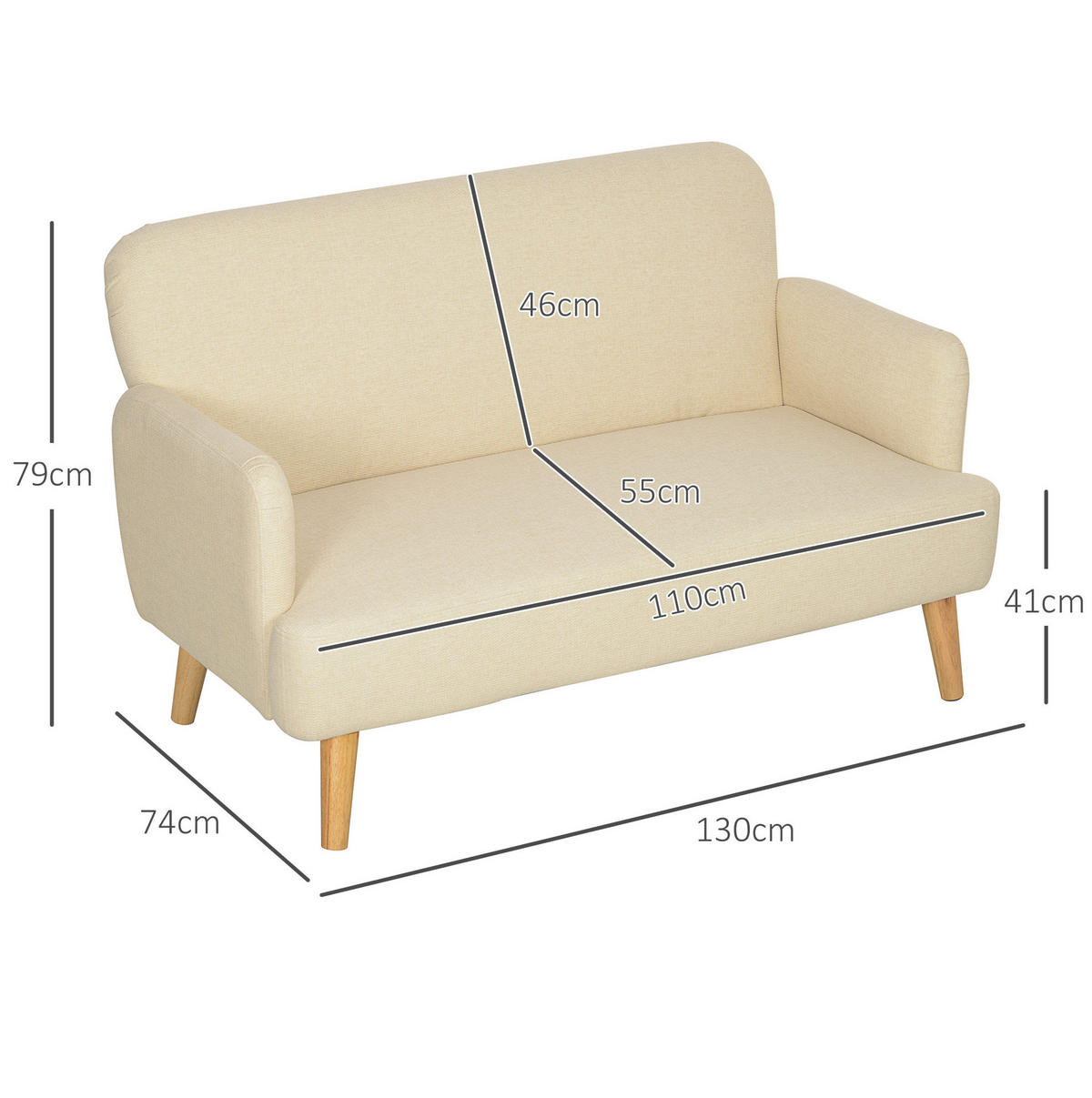 SOFA 2-Sitzer Samt 130 x 74 x 79 cm Cream White - Weiß, Holzwerkstoff (130/79/74cm) - Meubliv
