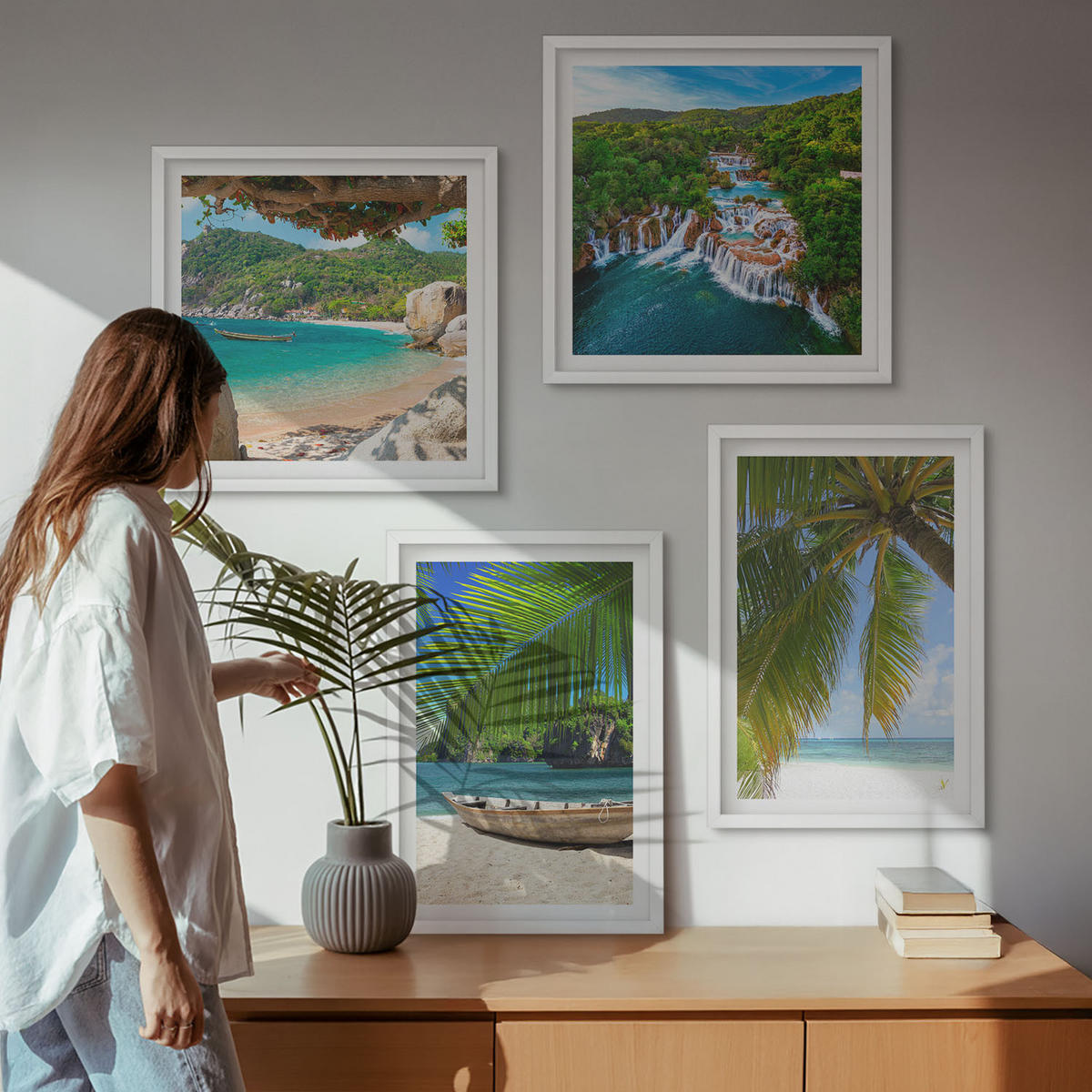 WANDBILDER 4er-Set - 50x50 cm & 40x60 cm Weißer Rahmen - Strand, Boot, Wasserfälle, Palmen - Weiß, Kunststoff (50/50cm) - ArtPrintCave