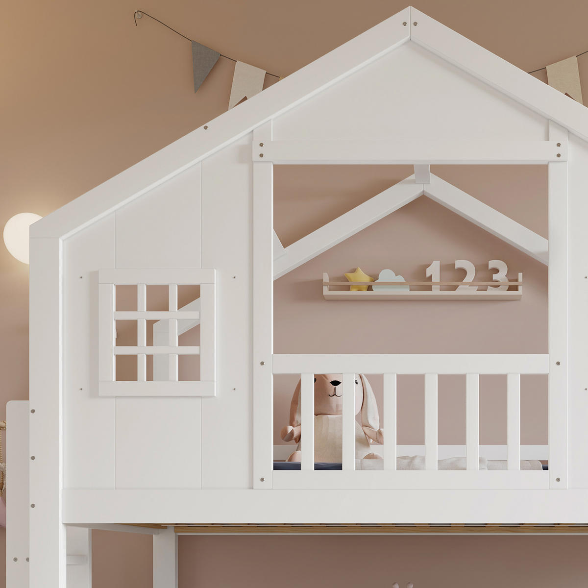 HAUSBETT 90/200 cm in Weiß mit Rutsche und Dachdesign - Weiß, Holz (90/200cm) - BEAOK