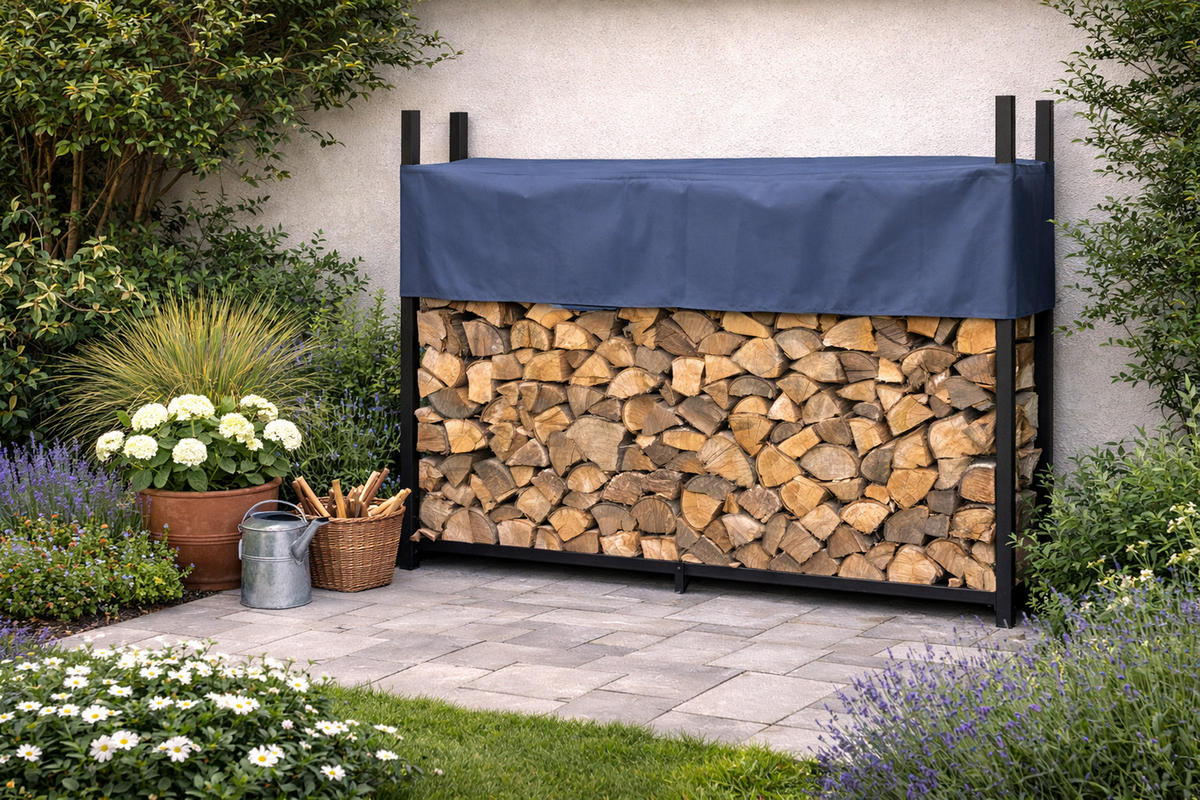 KAMINHOLZREGAL Außen 113/115/25 cm Metall Anthrazit mit Schutzhülle Grau 0,5 m³ / 0,6 SRM - Anthrazit, Metall (113/115/25cm) - QUICK STAR