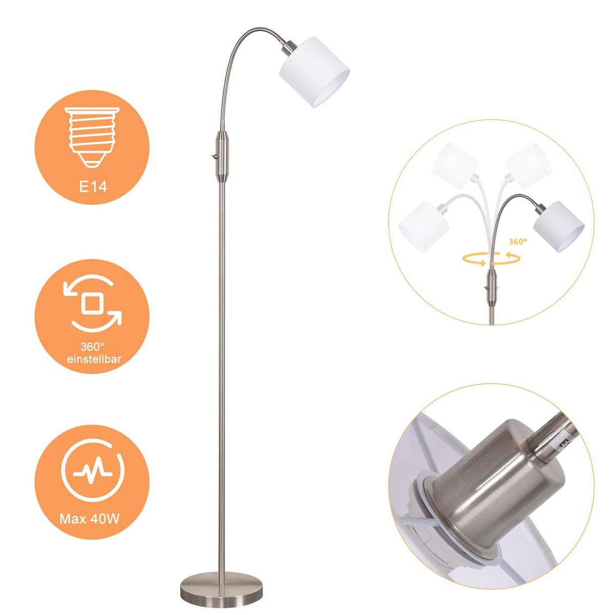 STEHLAMPE Seraphina 12/12/163 cm - Silberfarben, Textil/Metall (12/12/163cm) - ZMH