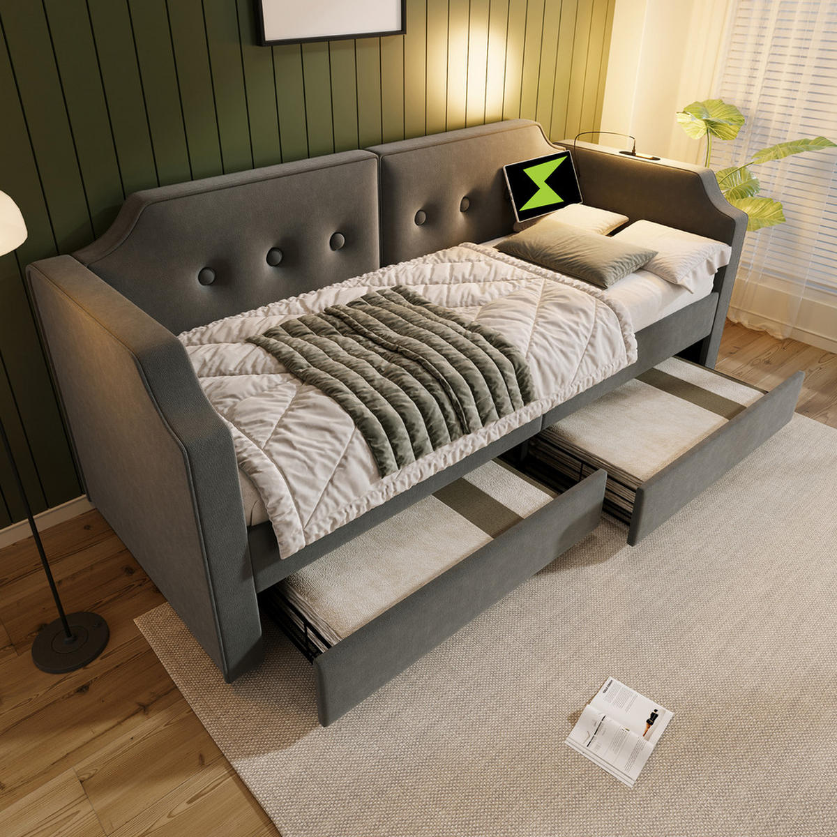 TAGESBETT 90x200cm Schlafsofa USB-C Leselicht 2 Schubladen Grau Samt - Grau, Holz - FLIEKS