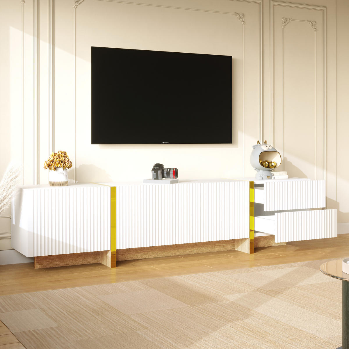 TV-SCHRANK 190/35/45 cm weiß mit gold und Holzmaserung mit 3 Türen und 2 Schubladen - Weiß, Holzwerkstoff (190/45/35cm) - OKWISH
