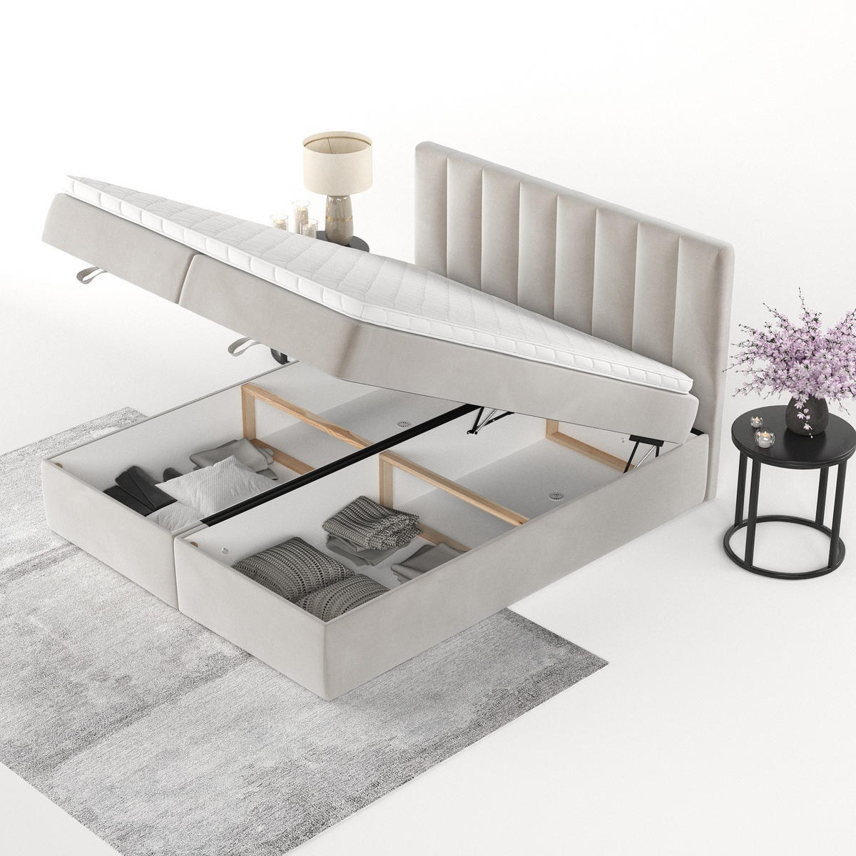 BOXBETT Lusso 200/200 cm Hellbeige im Paros Stoff - Beige/Schwarz, Holz/Holzwerkstoff (200/200cm) - AltaBeds