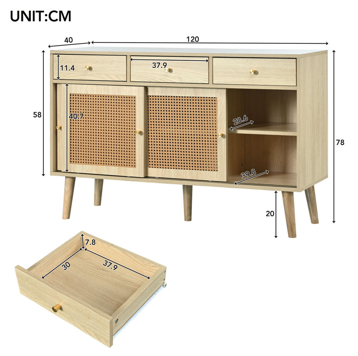 SIDEBOARD aus MDF 120x40x78 cm Eiche mit 3 Schubladen und 3 Türen - Eichefarben, Holzwerkstoff (120/78/40cm) - IVMEU