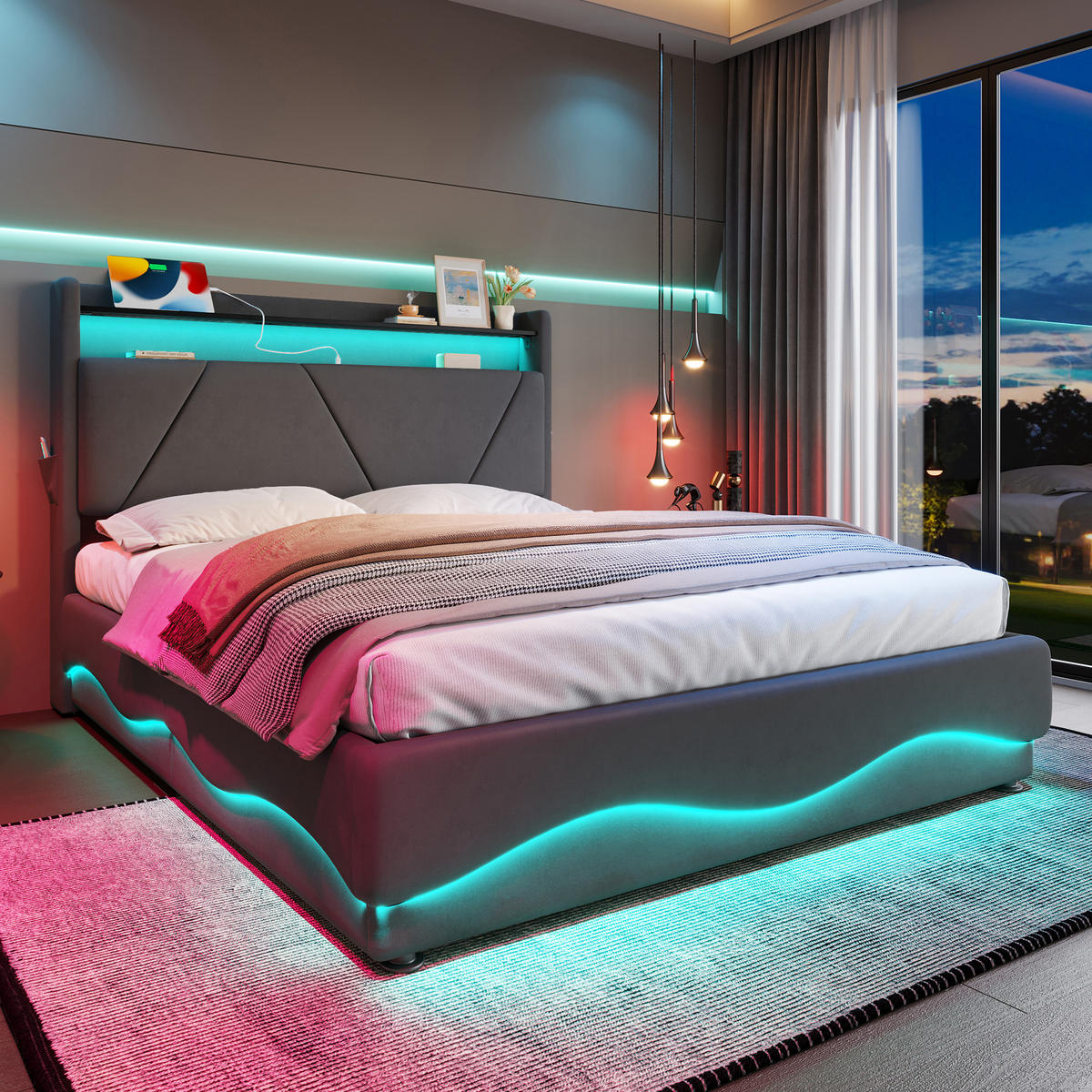 POLSTERBETT 160x200 cm LED USB Stauraum - Dunkelgrau, Textil (160/200cm) - LEBENLANG