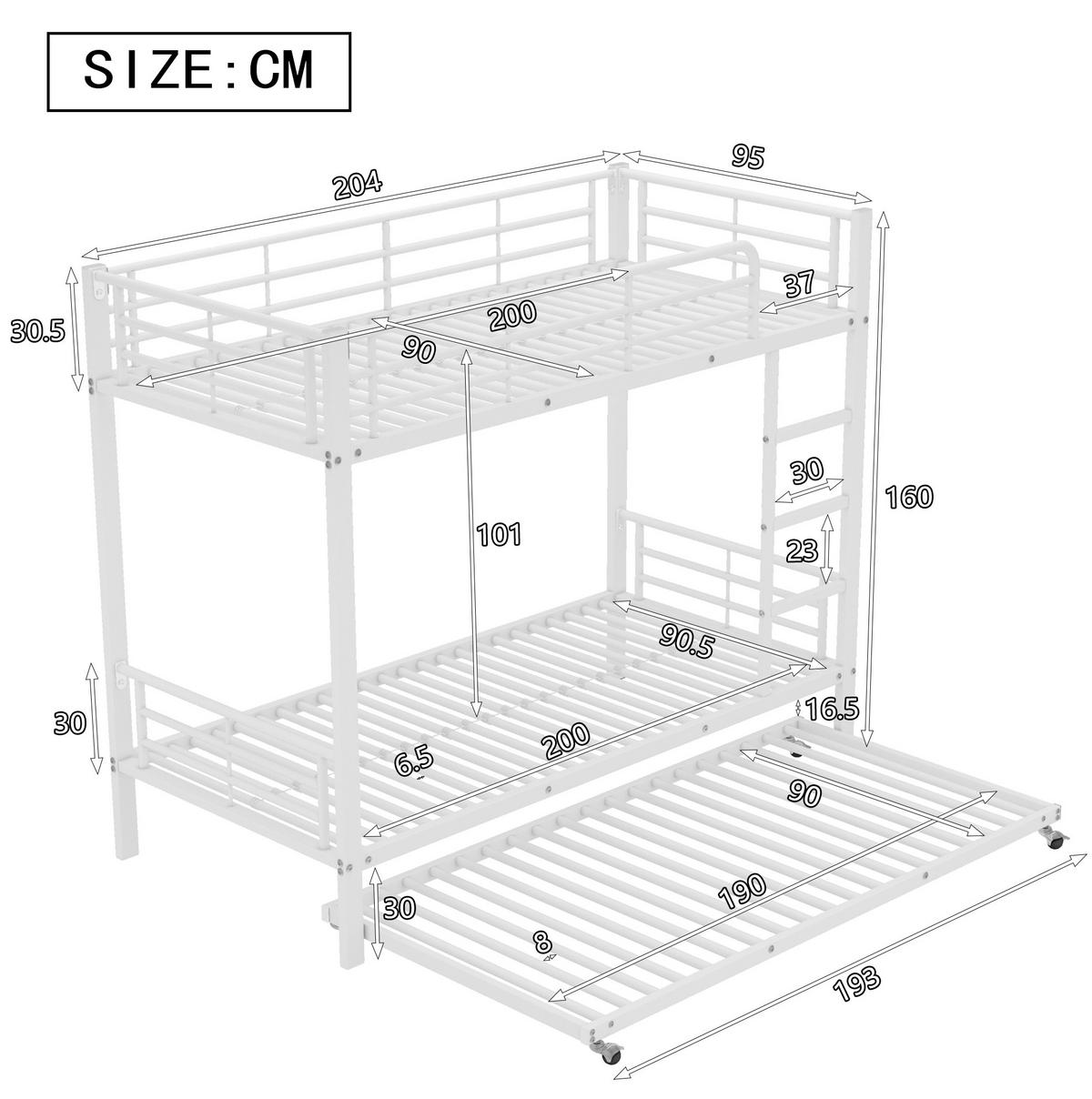 ETAGENBETT aus Metall 90x200/90x190 cm in Weiß mit Ausziehbett - Weiß, Metall (90/190cm) - Modfu