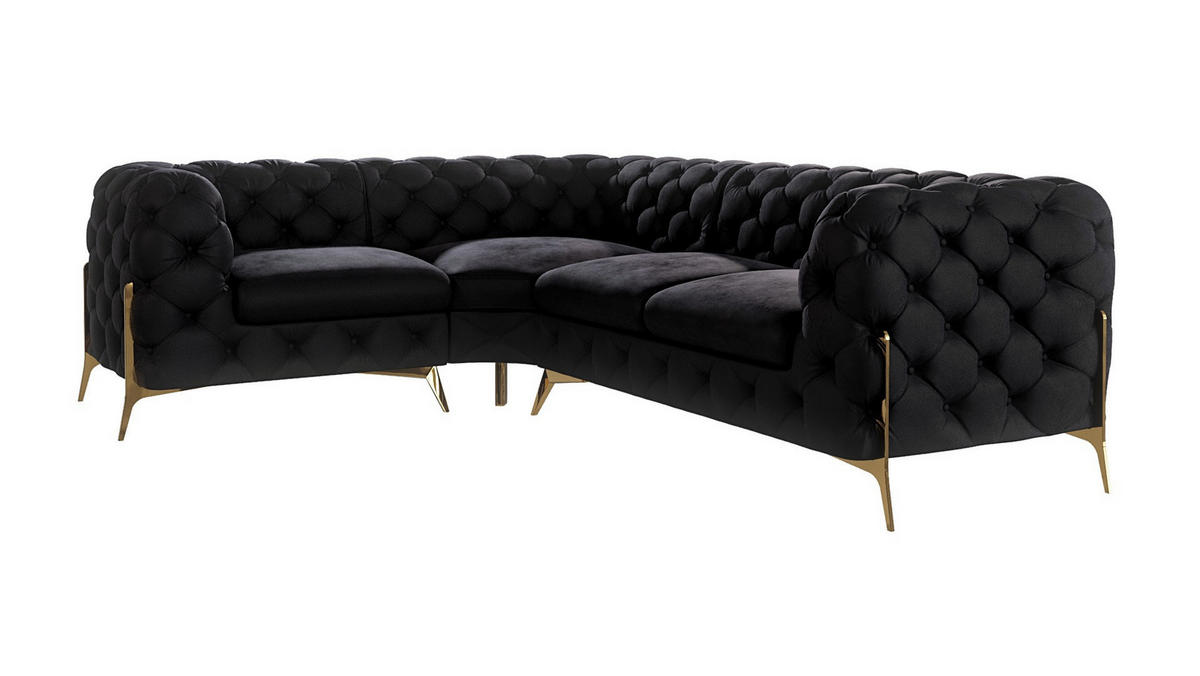 ECKSOFA Chesterfield Lexi Schwarz Samt, Ottomane links - Goldfarben/Schwarz, Holz/Textil (264/204cm) - S-Style Möbel