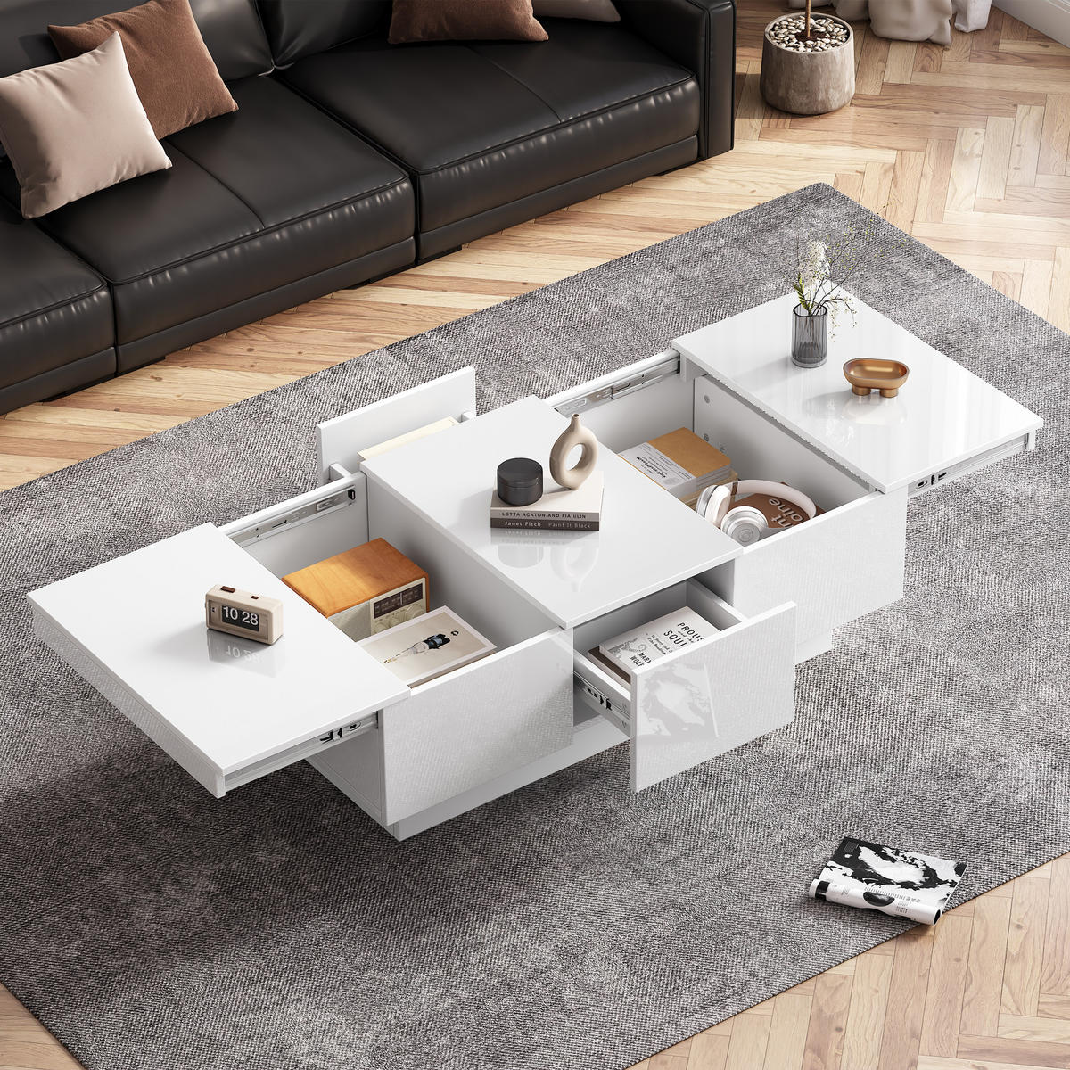 COUCHTISCH Weiß Hochglanz mit Stauraum und Schubladen - Weiß, Holzwerkstoff/Metall (55/100/35cm) - Urban Meuble