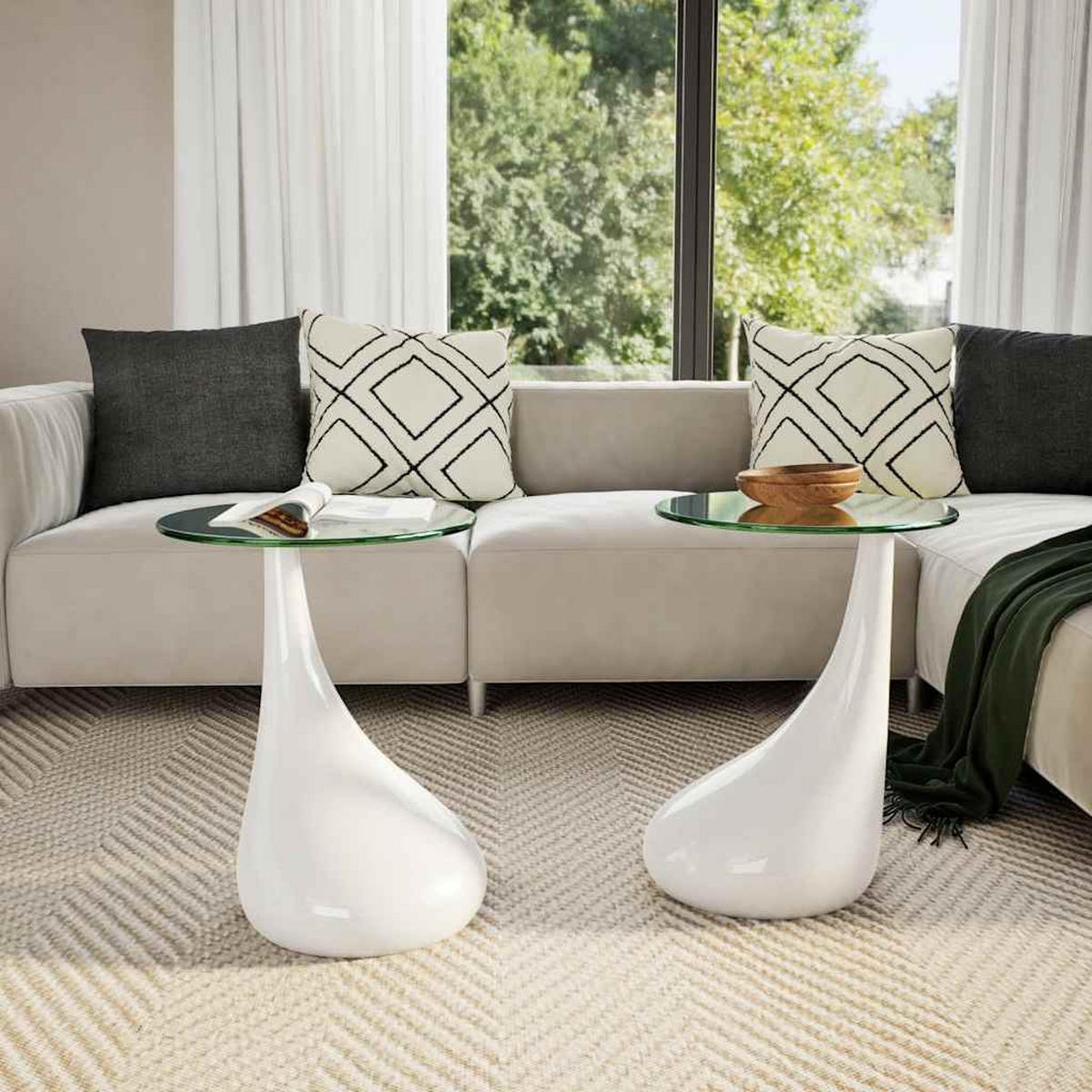 COUCHTISCHE 2 Stk. mit Runder Glasplatte Hochglanz Weiß - Weiß, Kunststoff (42/42/55cm) - furnicato