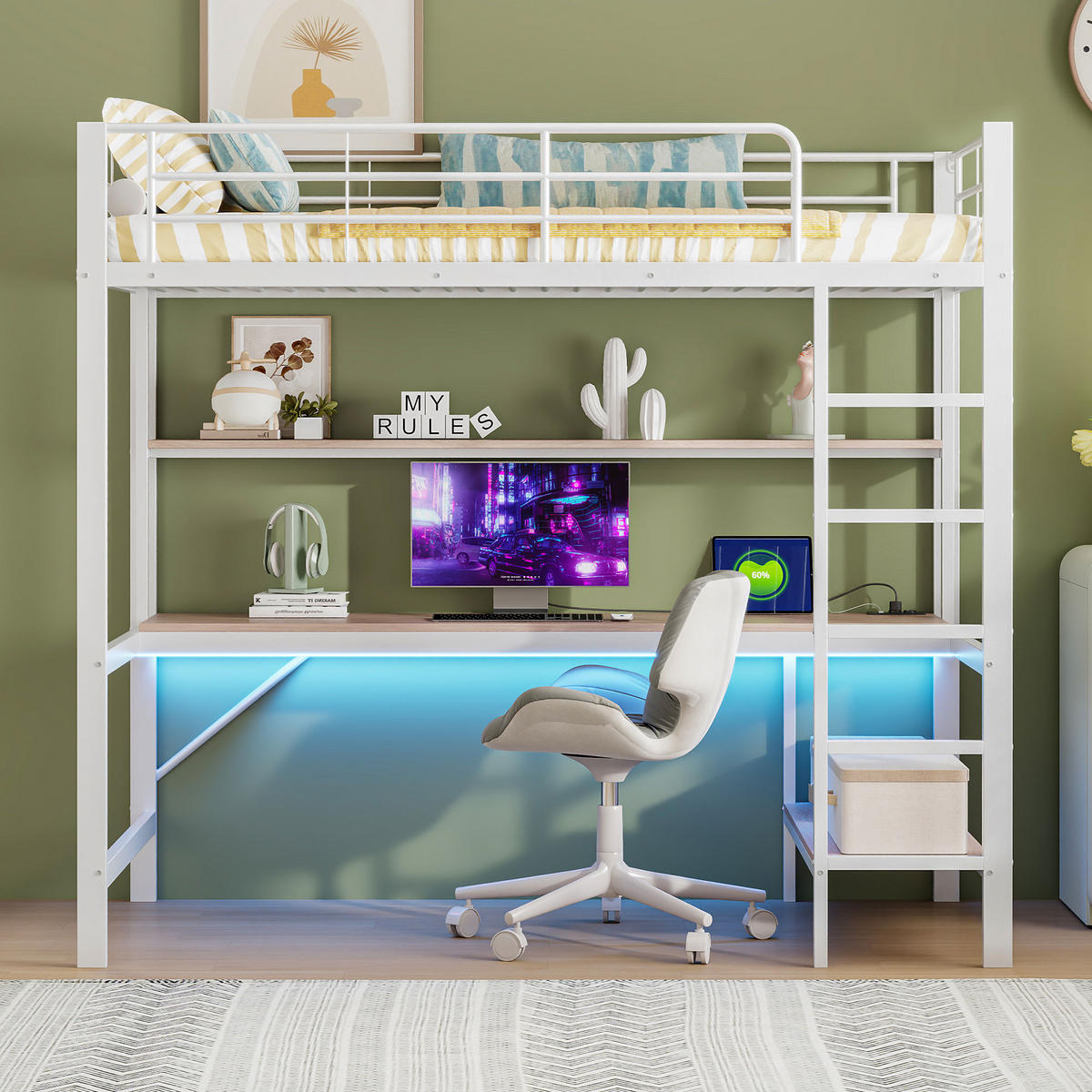 HOCHBETT 90x200cm Weiß Metall LED-Licht Schreibtisch USB - Weiß, Metall (90/200cm) - FLIEKS