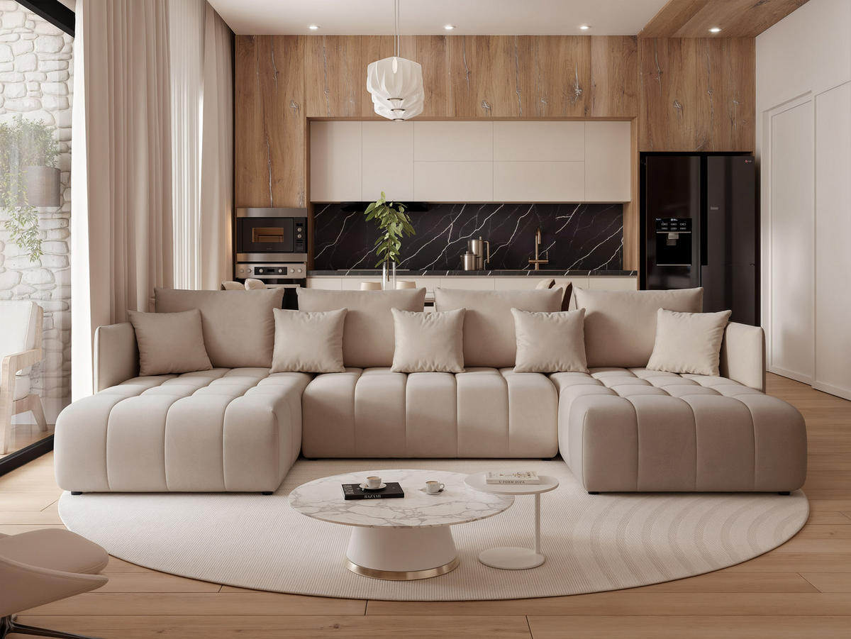 WOHNLANDSCHAFT OLIMPIA mit Schlaffunktion und Bettkasten Grau-Beige - Greige, Holzwerkstoff/Kunststoff (300/85/90cm) - Idohome