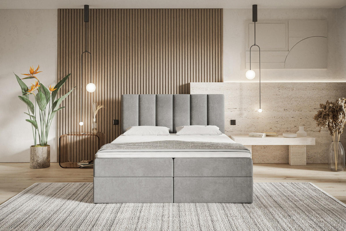 BOXSPRINGBETT 140x200 Foro, Samt, Matratze und Bettkasten, Hellgrau - Hellgrau, Holz/Textil (140/200cm) - Emporius