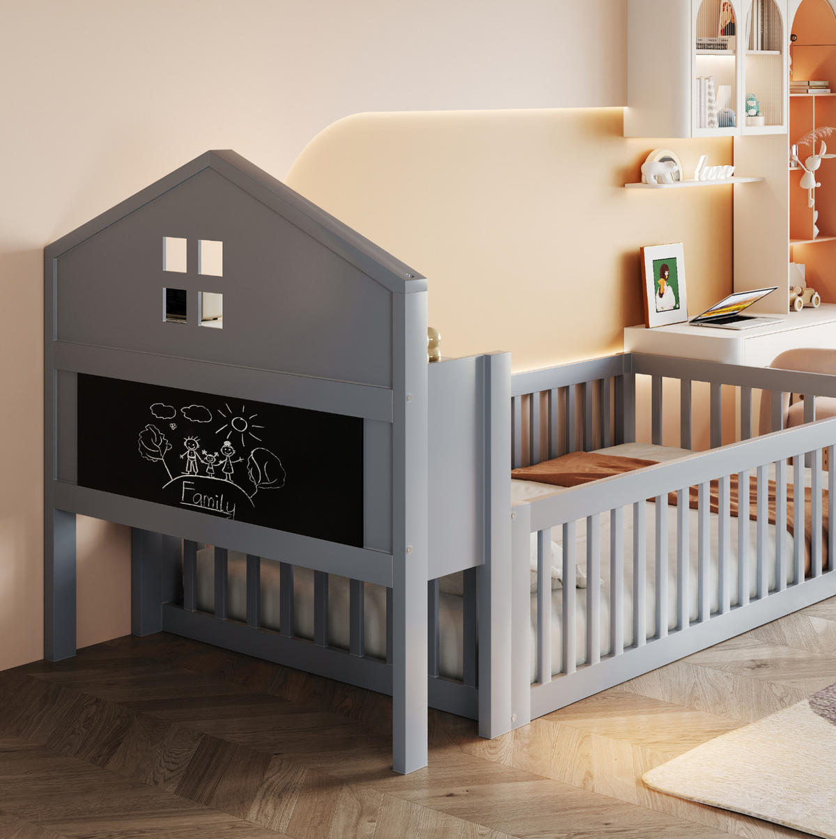 KINDERBETT 90/200 cm in Hausform mit Schutzgitter, Tür und Stauraum - Grau, Holzwerkstoff (90/200cm) - BEAOK