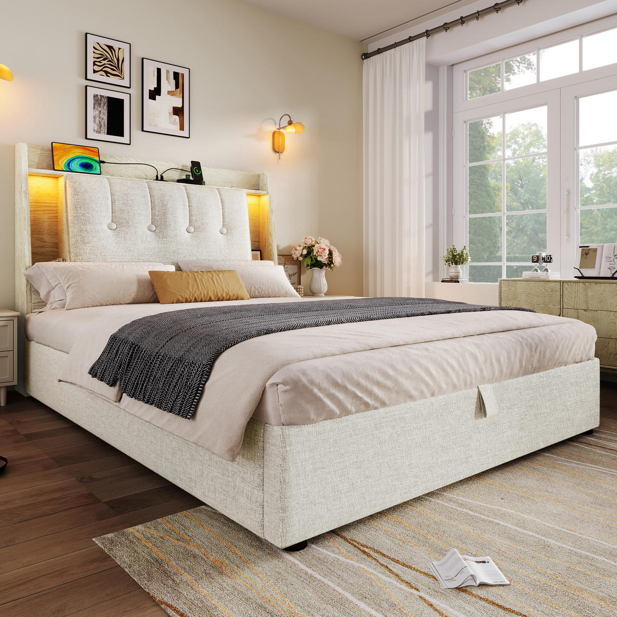 POLSTERBETT 90/200 cm Beige mit USB- und Type-C-Anschlüssen und LED-Beleuchtung - Beige, Textil (90/200cm) - OKWISH