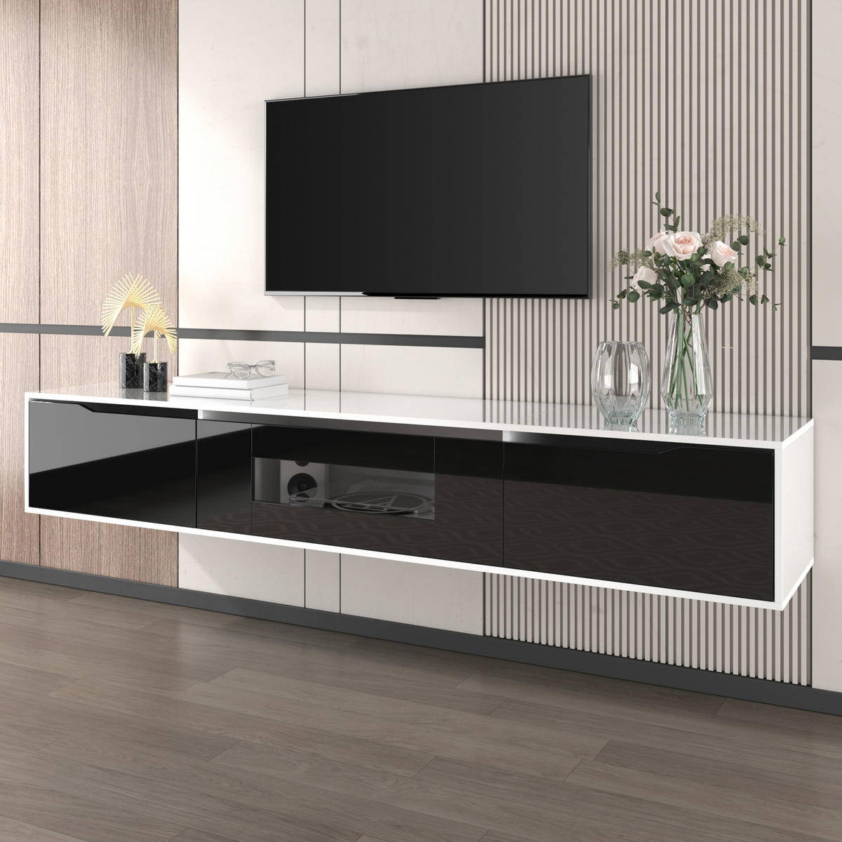 LOWBOARD TV-Schrank Modern Hochglanz Schwarz/Weiß mit LED 16 Farben, Wandmontage, MDF, Groß - Schwarz/Weiß, Holzwerkstoff (180/30/35cm) - EVRYAE