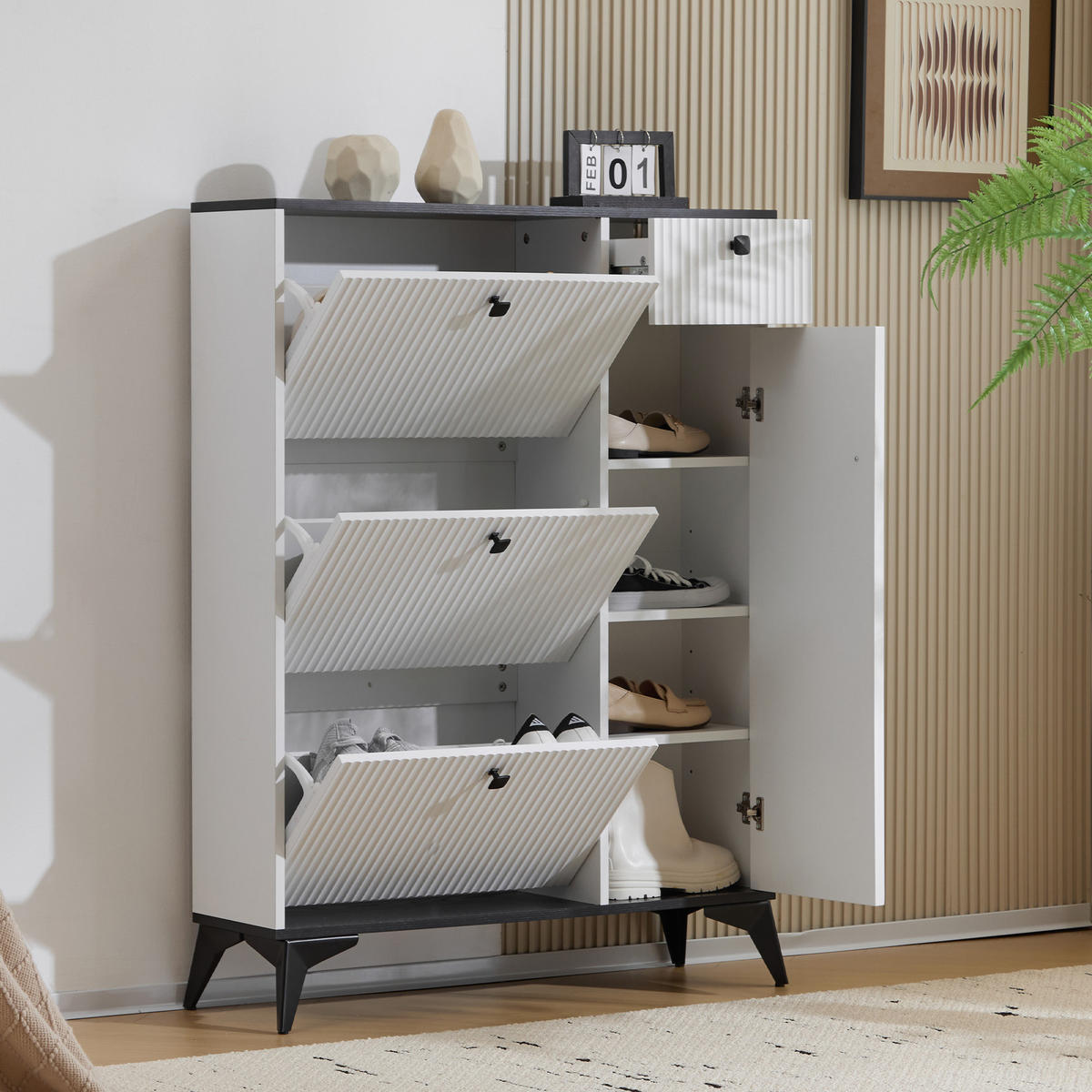 SCHUHSCHRANK 3 Klappen 1 Tür Weiß 90x25x121cm - Multicolor, Holzwerkstoff (30/121/90cm) - FLIEKS