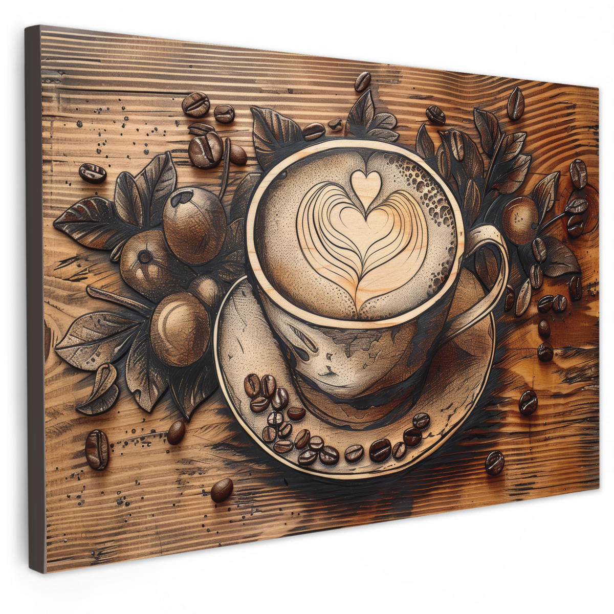 LEINWANDBILD Kaffee - Vintage - Braun - Tasse - Holz Groß 140x90 cm - Braun, Textil (140/90cm) - MuchoWow