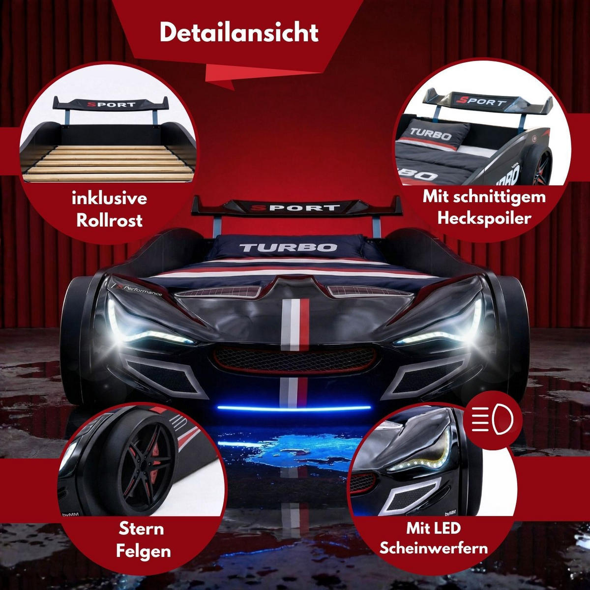 AUTOBETT GTE mit Rollrost, Licht und Sound Farbe Schwarz - Schwarz, Holzwerkstoff (90/200cm) - Coemo