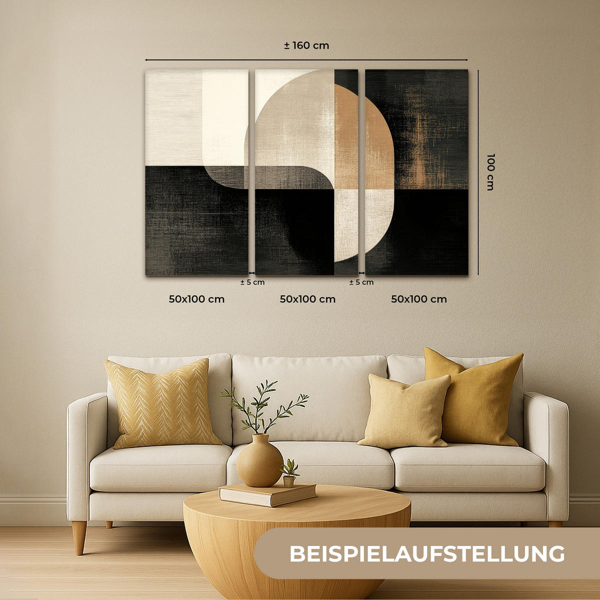 LEINWANDBILD 3er Set Formen - Abstrakt - Gold 150x100 cm - Schwarz, Textil (150/100cm) - MuchoWow
