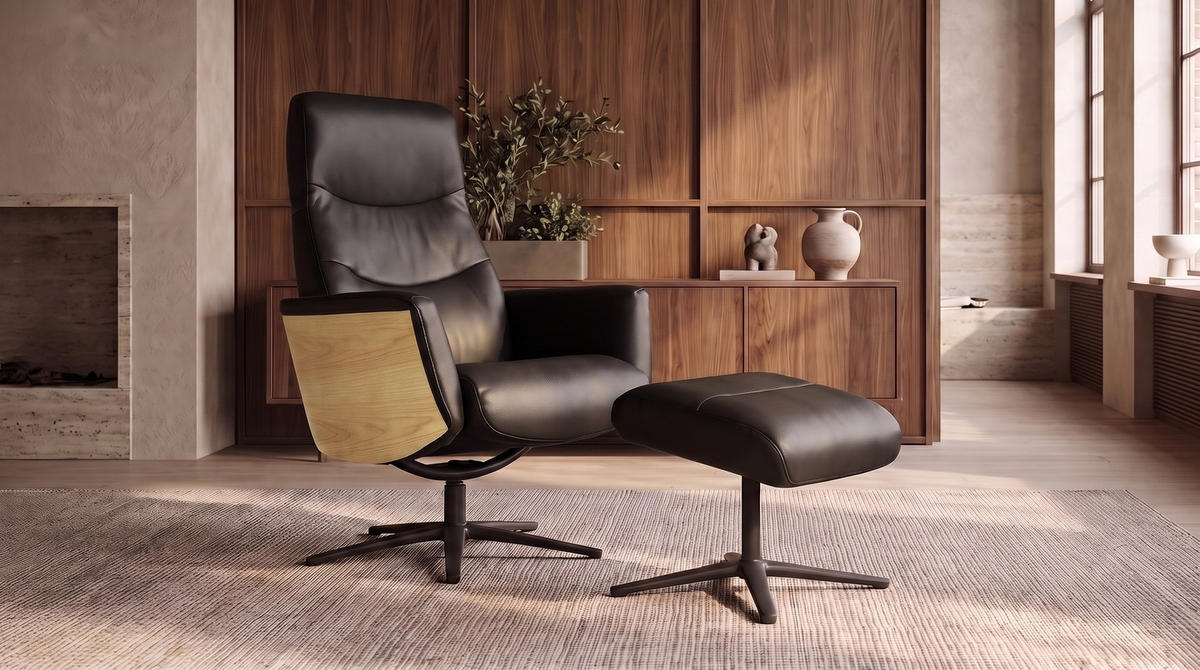 RELAXSESSEL VANITAS Schwarz Leder Relaxfunktion - Schwarz, Leder/Metall (75/108/86cm) - KAWOLA