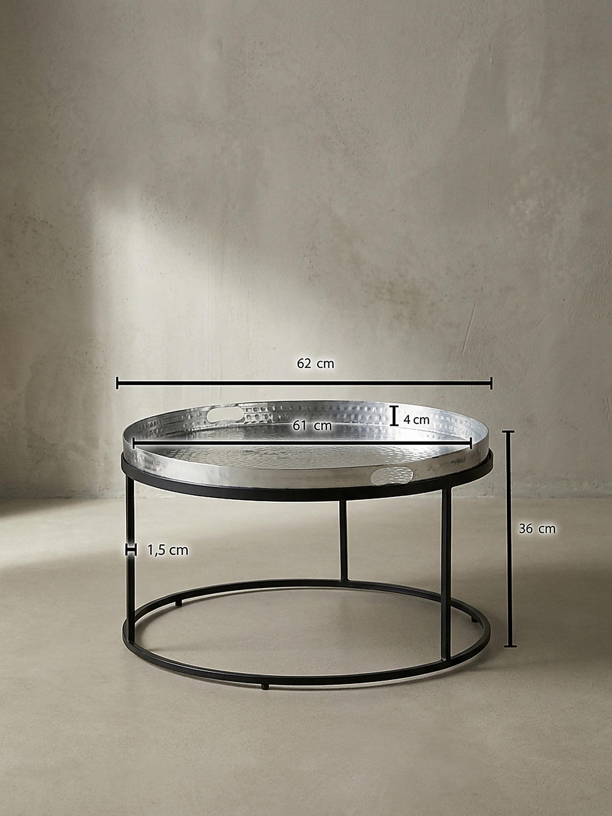 COUCHTISCH mit Hammerschlag-Struktur, abnehmbares Tablett, aus Aluminium und Eisen, Silber 62x62x36 cm - Silberfarben/Schwarz, Metall (62/62/36cm) - KADIMA DESIGN