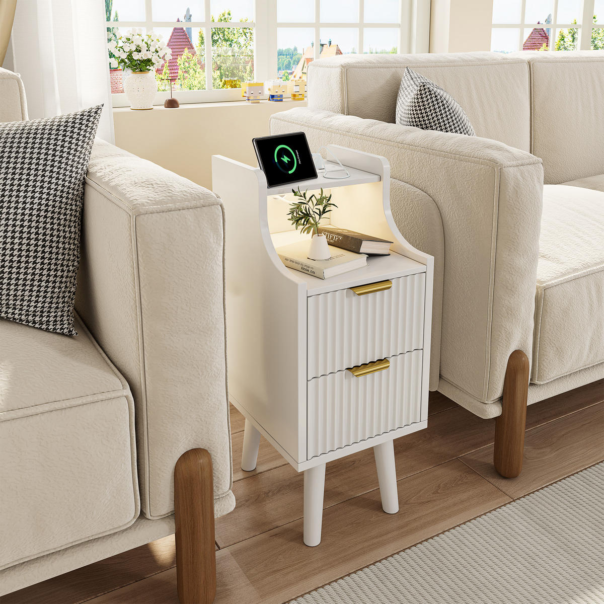 NATTDUKSBORDSSET, 2 delar, vitt, med LED, USB och 2 lådor - Vit, Träbaserade material (25/60/30cm) - SHOPENTRA