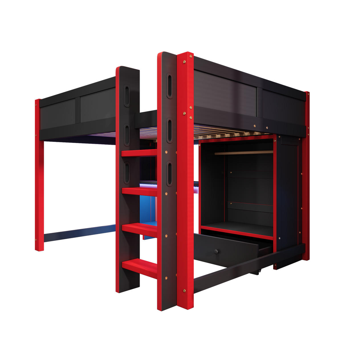 HOCHBETT 140/200 cm in Schwarz/Rot – mit Schreibtisch, Stauraum und Leiter - Schwarz, Holz (140/200cm) - BEAOK