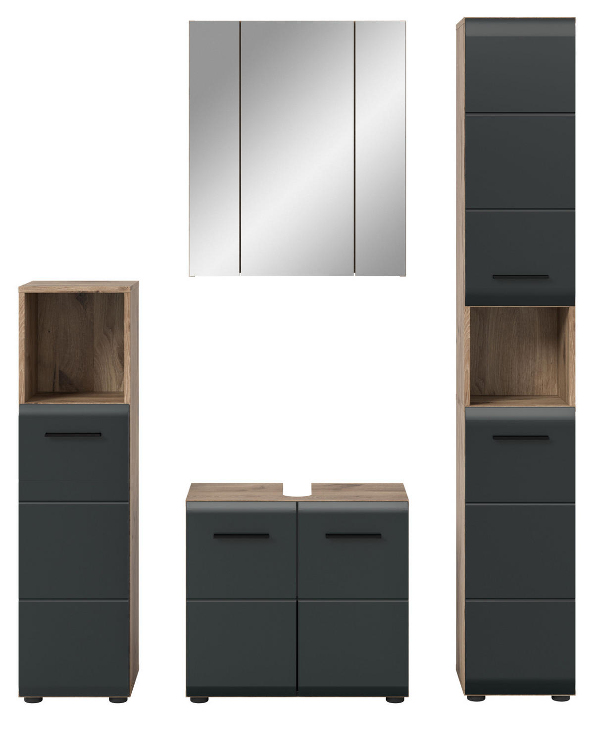 BADMÖBEL-SET Schwarz matt, Eiche Nox, Badezimmer 4-teilig 150 x 185 cm mit viel Stauraum - Eichefarben/Schwarz, Glas/Holzwerkstoff (150/185/30cm) - Inn.Furn