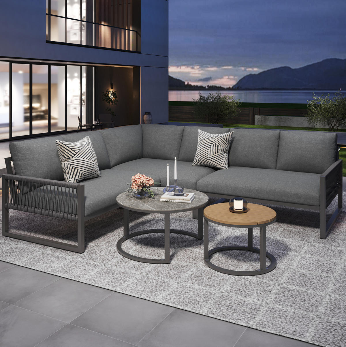 LOUNGEGARNITUR Grau aus Metall und Polyester 5er Set - Grau, Metall - OKMYHOME